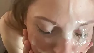 Slut takes penis deep in throat until cum