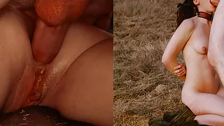 Rough belly-down, face-up anal in the dirt before face fuck