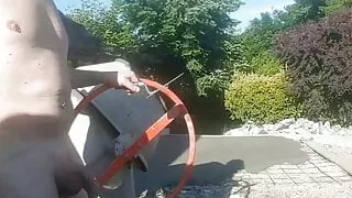 naked construction worker outside at work