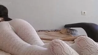 Hottie in sexy white leggings masturbates next to me