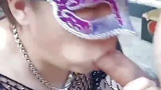 Exhibitionist wife sucks cock outdoors as neighbors watch