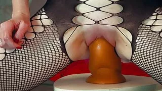 Tiffany fucks with various bottles and monster dildo