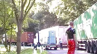 Dressed up in latex on the public track stop