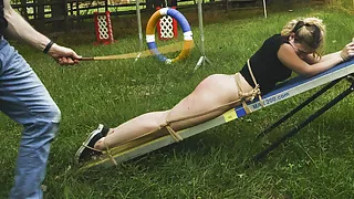 Teen bondage slave crawls with cum on face to her caning