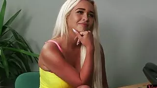 Busty Brit voyeur moaning during office JOI session