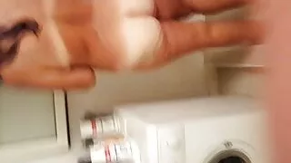 naked bbw girlfriend  showering, tanlined big ass in bathroom