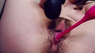 hairy russian plays with her wet pussy