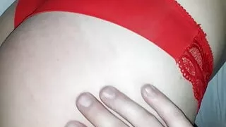 Busty slut in red lingerie gets slapped around