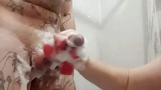 fingering my cock with a soapy sponge 1