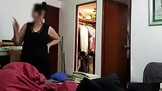 Jerking off in front of Maid, then grabbing her huge melons