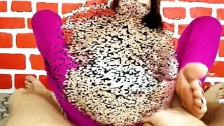 Brunette teen bitch Estefania gives horny footjob with her w