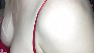 Huge cumshot on my puffy tits in red bra