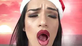 Blackhair busty tgirl masturbates on bed after showing ass