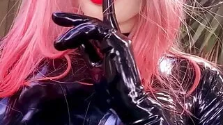 Wearing Latex Catsuit with Fake Silicone Breasts