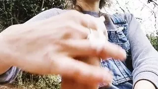 Cute lady, handjob with cum in public