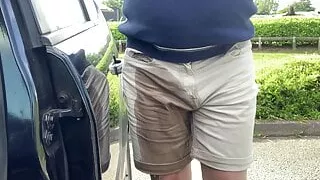 Peeing my panties and shorts stockings on public carpark