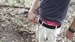 Hiding behind a tree, I jack off in the woods