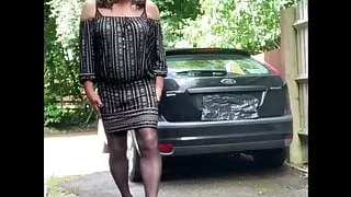 Horny driveway wank and strip in stockings and heels