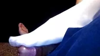 WifeMelly 1 nylon stocking 1 bare. cummy feet, leg & sole