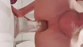 Gay Boy Rides huge dildo and cums very hard close up