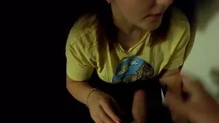 The girl gives a blowjob on a public balcony, and then walks