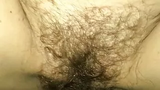 Hairy wife sitting and getting creampied! Nice pov bush
