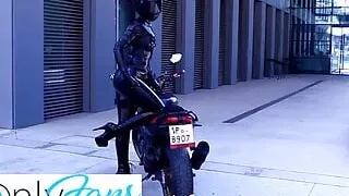 Photoshoot - black latex catsuit and cat helmet