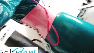 Let's jump in blue latex catsuit!