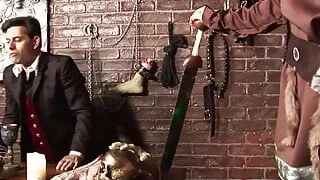 Cosplaying slut riding dick in dungeon