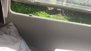 Risky Jerk off in caravan