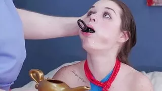 Leashed slut gagging on toy