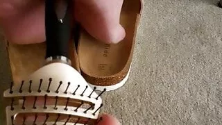 Mature feet tickle under chair 2