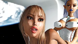 Earth orbit. Sci-fi sex android plays with hot young blonde
