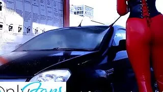 Time to wash my car! Red latex catsuit included!