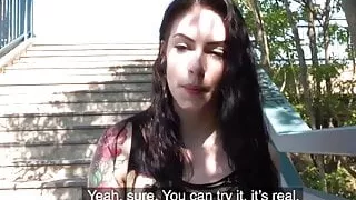 Pulled goth amateur giving head in exchange for some cash