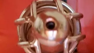 cock in cage with wand massage stick