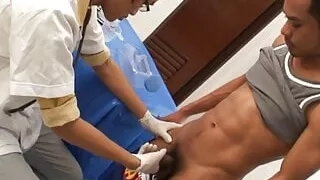 Inked Asian twunk barebacked for cumshot by his doctor