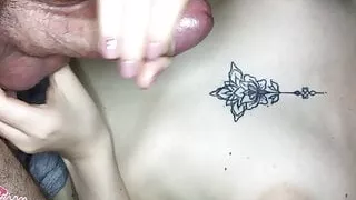 Gentle handjob with big cumshot on her puffy tits