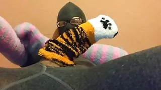 Grey fleece lined tights encasement masturbation