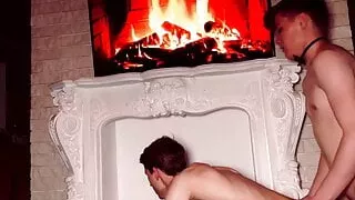 Very hot sex near the fireplace, doggy style, cum shot