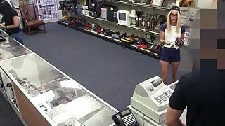 Skinny amateur spreads her pussy for pawnshop owner