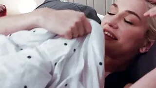 An ebony lesbian licks, then facesits busty straight neighbor