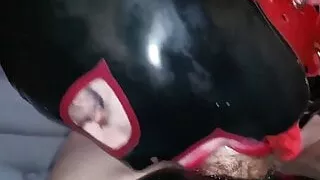 Rubber hooded slut Joy sucks her Masters big cock