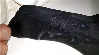 Cum on GF's Black Opaque nylon feet 3