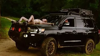 Slim newbie tied to truck for rough ass fuck and face fuck