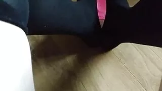 Cute little sissy trying practice footjob in black stockings