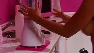 Sporty blonde masturbates with a dildo before hunk pounds her