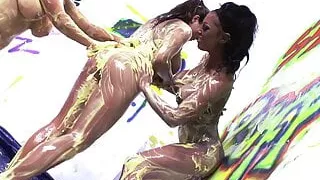 Three hot ladies masturbate after a food fight