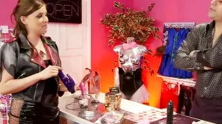 Busty slut in latex boots gets hard fucking from behind