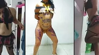 Cerda esclav amarrada, humillada, azotada y puesta a bailar.